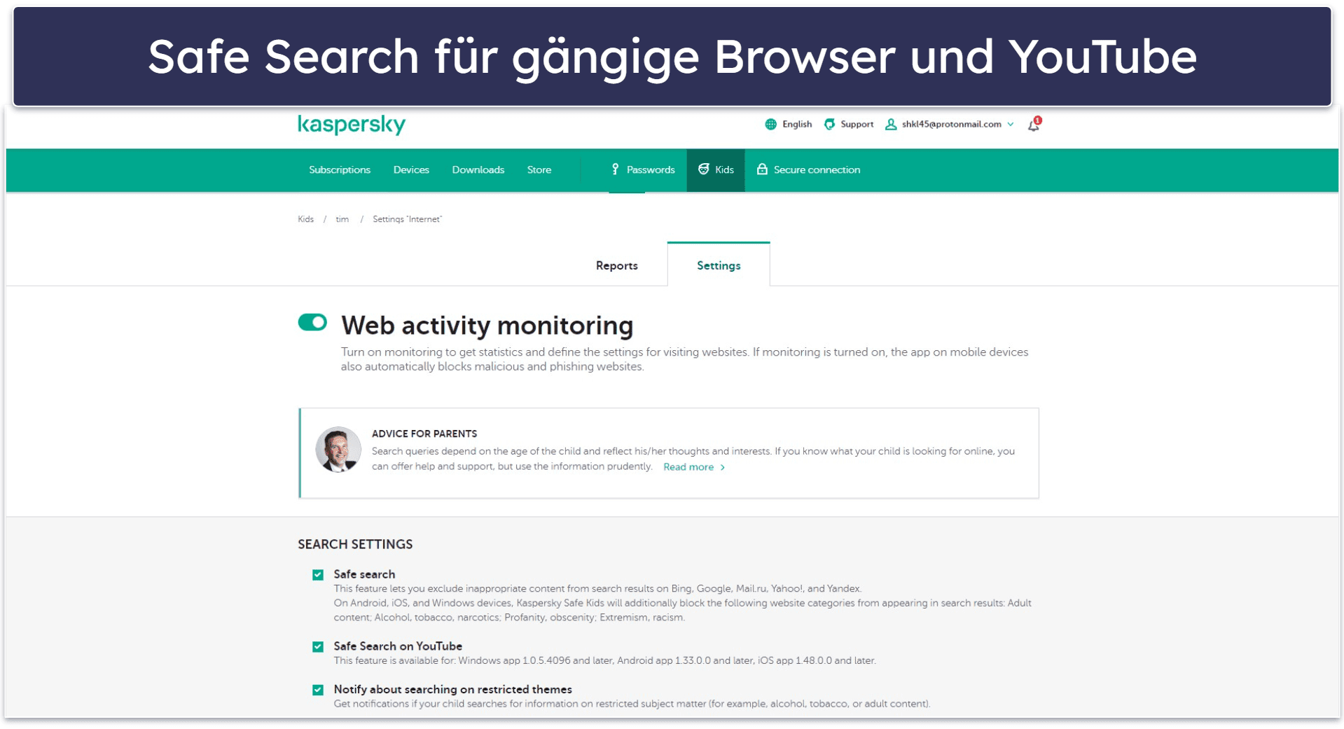 7. Kaspersky Safe Kids — Gute YouTube-Such-Überwachung unter Windows
