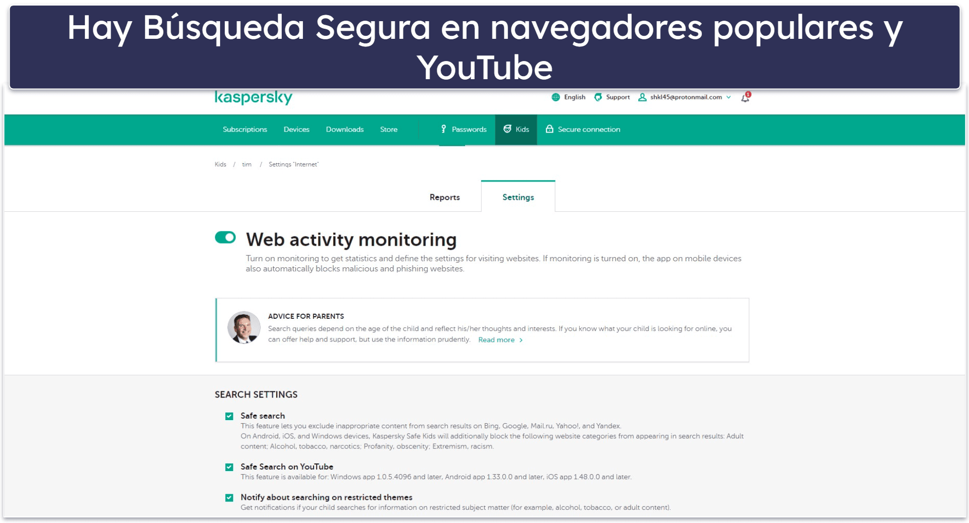 7. Kaspersky Safe Kids: buena supervisión de búsquedas en YouTube en Windows