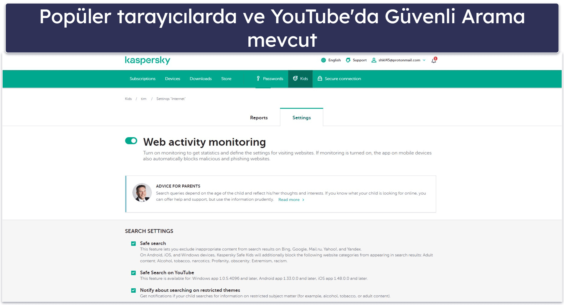 7. Kaspersky Safe Kids – Windows’ta YouTube Aramalarını İzlemede Başarılı