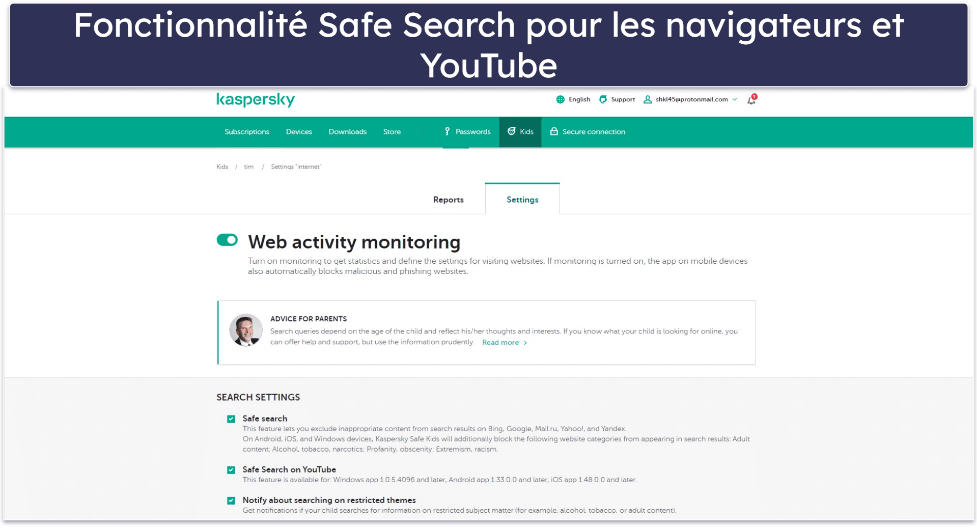 7. Kaspersky Safe Kids — Bonne surveillance des recherches YouTube sous Windows