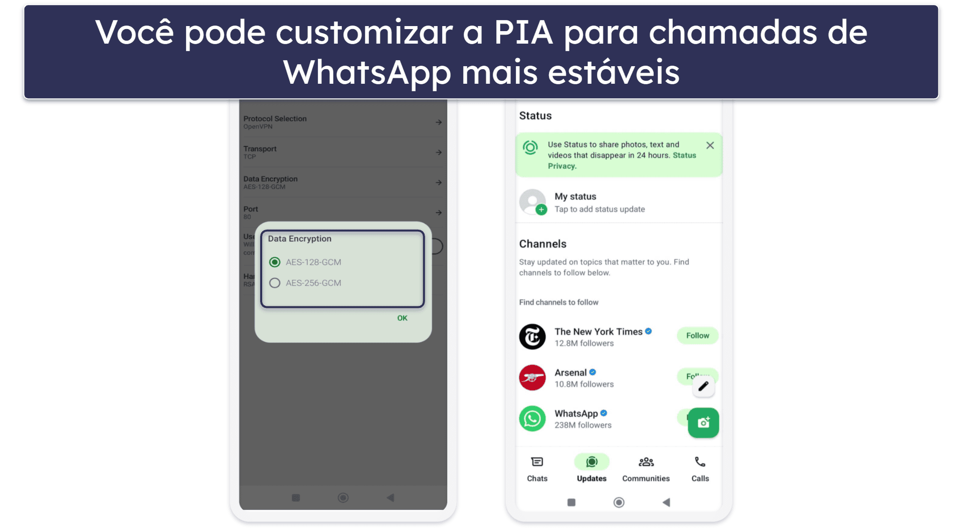 🥈2. Private Internet Access: velocidades personalizáveis para chamadas mais fluidas no WhatsApp
