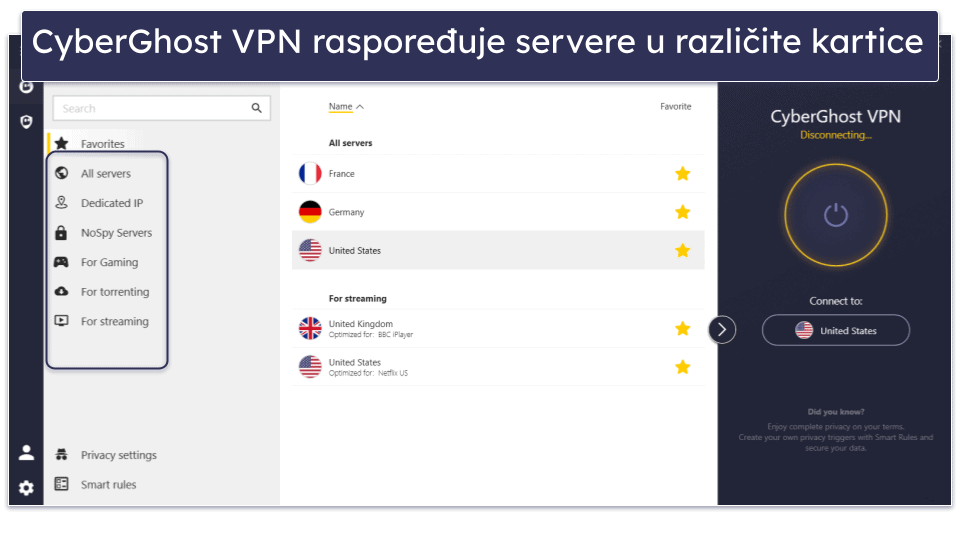 🥉3. CyberGhost VPN: Visoke performanse  Optimizovani serveri za video igre sa dobrom automatizacijom